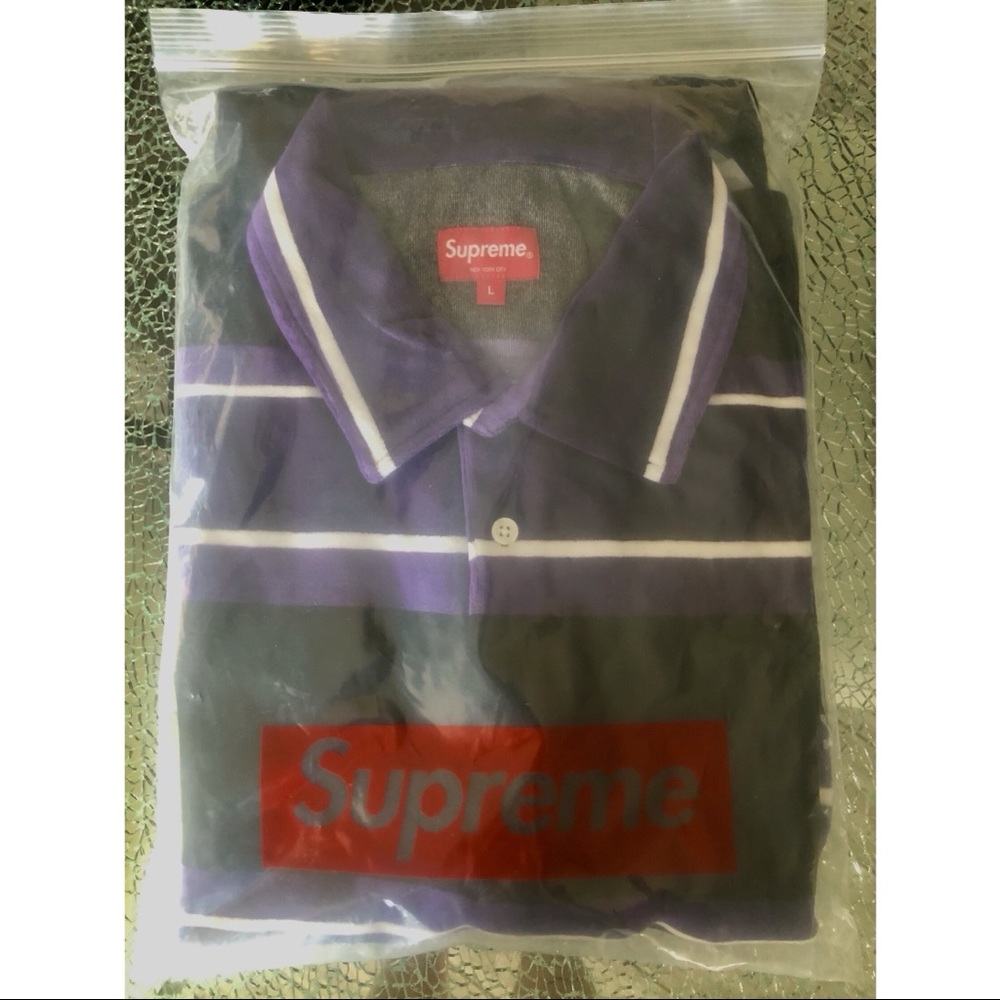 SUPREME STRIPE VELOUR POLO / SIZE LARGE - Picture 4 of 7